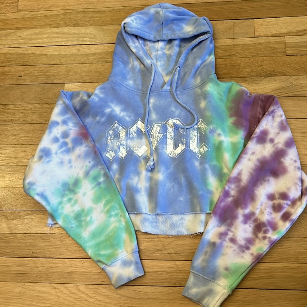 AC/DC cropped tie dye hoodie, size small/medium